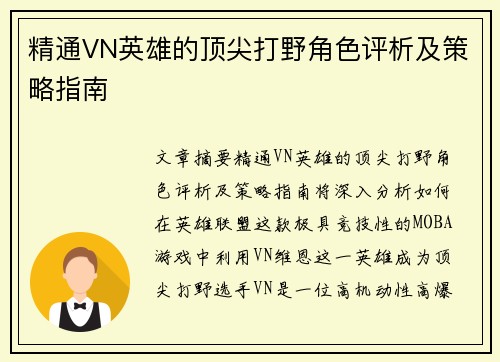 精通VN英雄的顶尖打野角色评析及策略指南