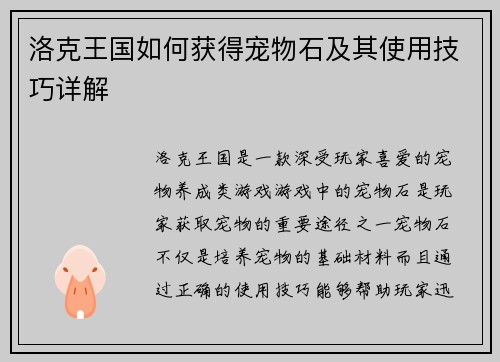 洛克王国如何获得宠物石及其使用技巧详解